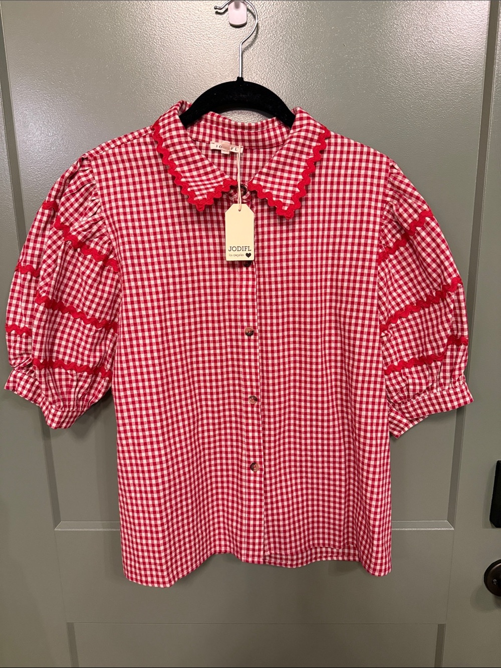 JODIFL Red and White Gingham Puff Sleeve Button-Front Top